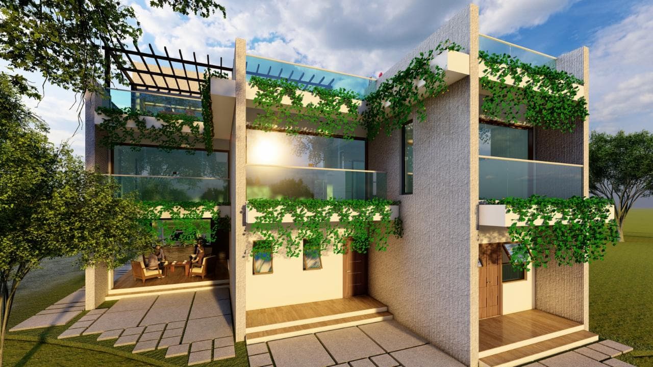 Modern multi-storey residence with planted balconies and broad glazed openings
