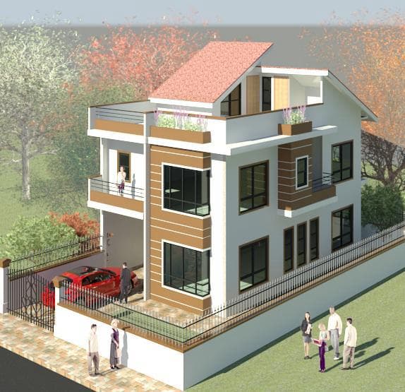 Two-storey family home with terracotta pitched roof, balconies, and a gated front garden