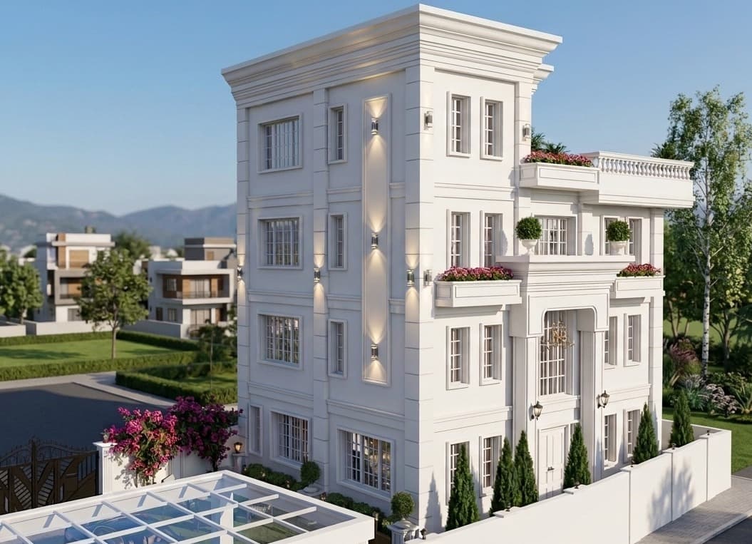 White multi-storey villa rendered beside a swimming pool and landscaped grounds