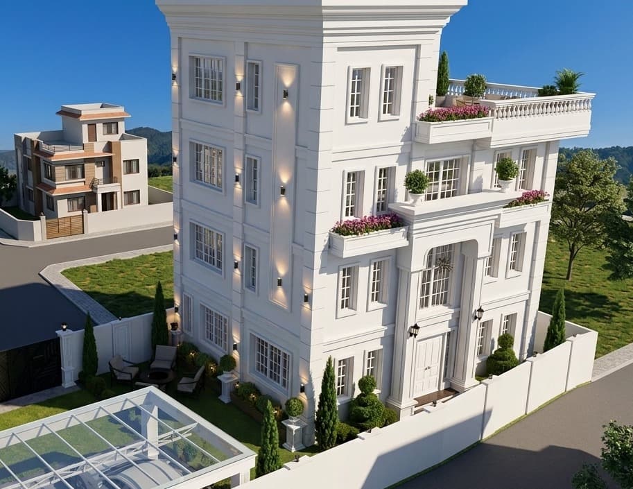 Large white residence with central entry, driveway, and planted garden