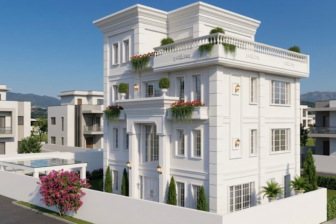 Architectural model of a classical residence with columns, balconies, and a pitched roof