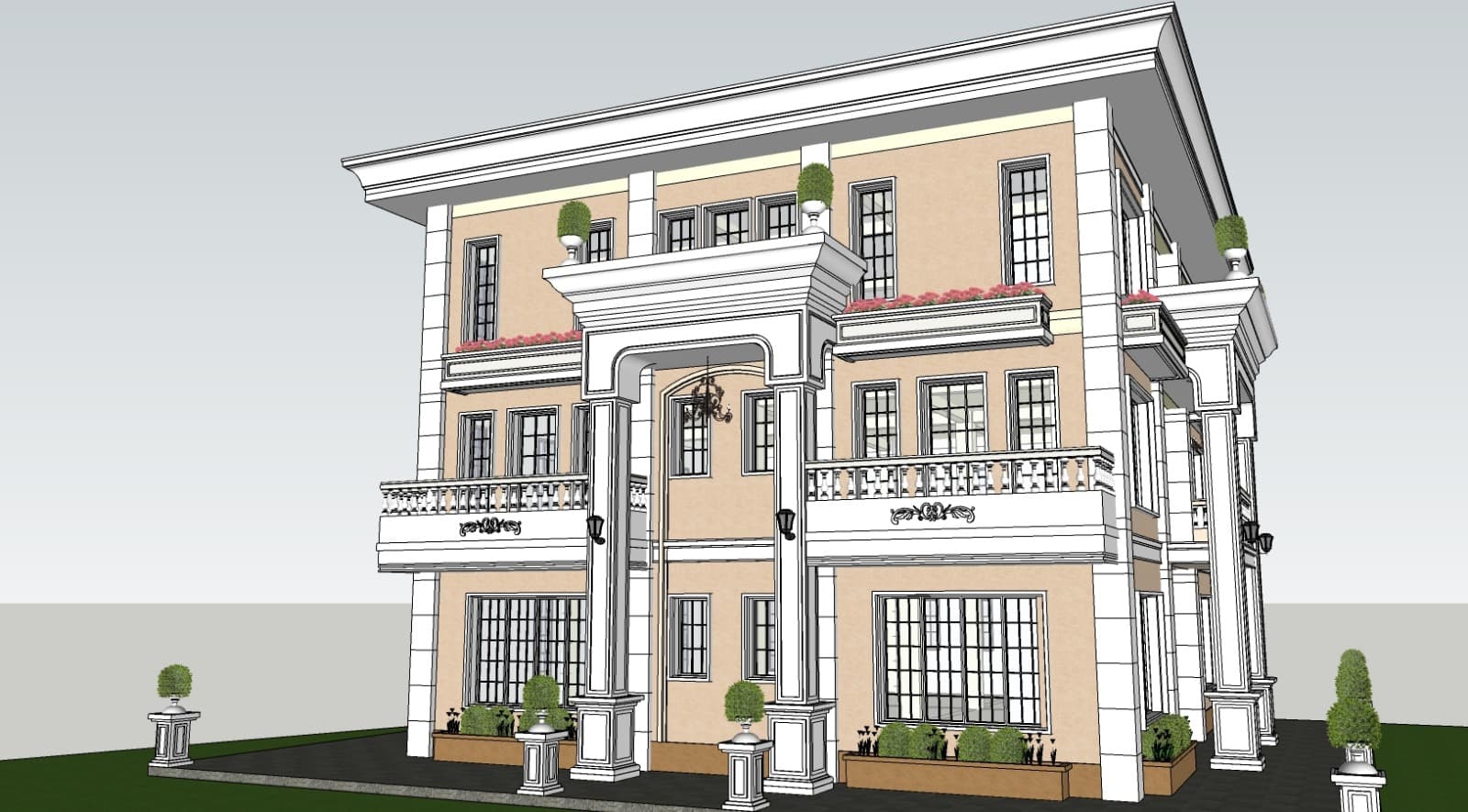 White villa with symmetrical windows, columned entry, planted terraces, and perimeter wall