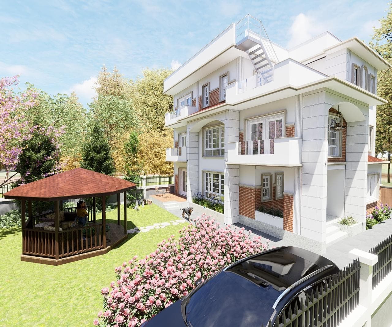 White residence with a garden gazebo, planted paths, and covered parking