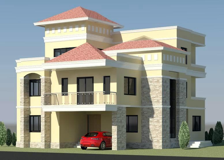 Multi-level yellow and stone residence with tiered roofs and a ground-level carport