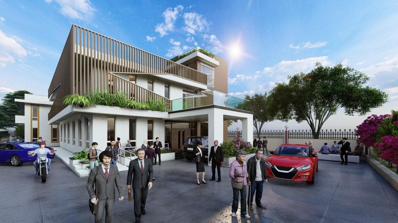 Modern multi-storey building with vertical facade fins, glass balconies, and street activity