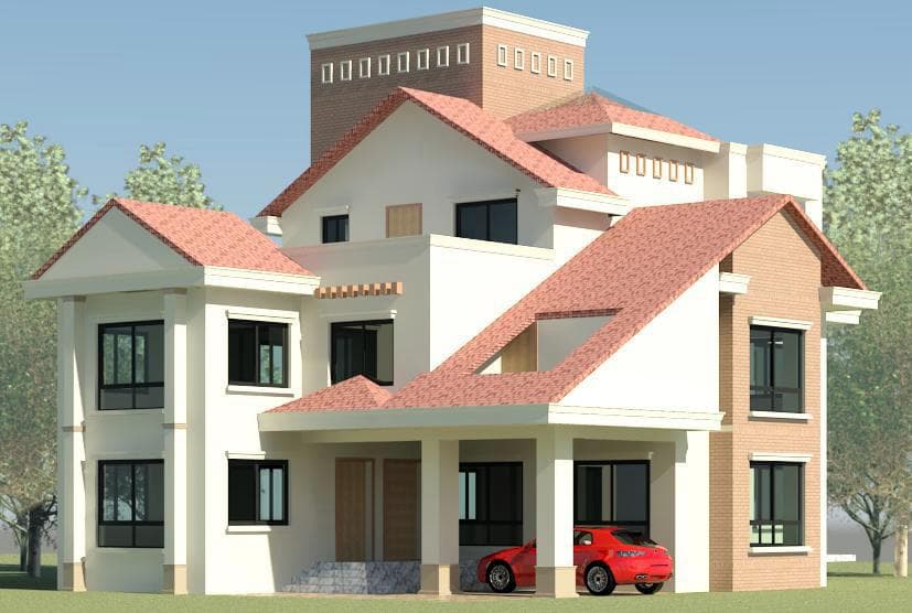 Large white and brick duplex with multiple pitched roof forms and a covered carport