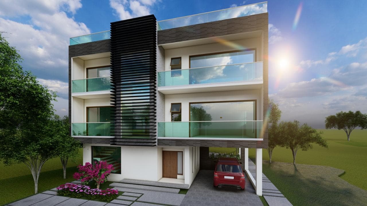 Modern white residence with dark vertical screens and planted balcony edges