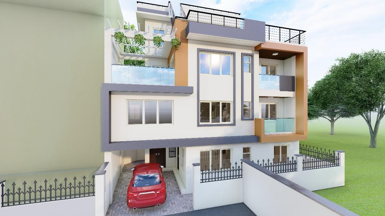 Modern multi-storey residence with orange facade frames, balconies, and a carport