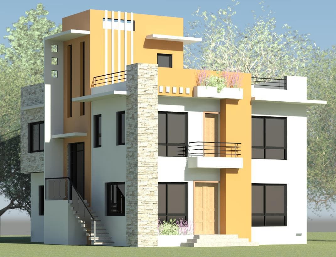 Multi-storey home with orange facade accents, balconies, and a front garden
