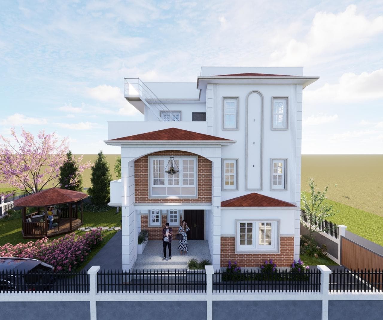 White and brick residential facade framed by trees, flowers, and a front boundary wall
