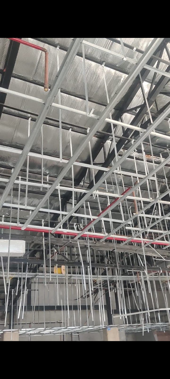 Interior ceiling framework with suspended metal framing and exposed building services.