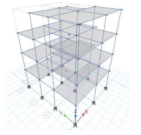 Wireframe analysis model of a multi-storey building structure